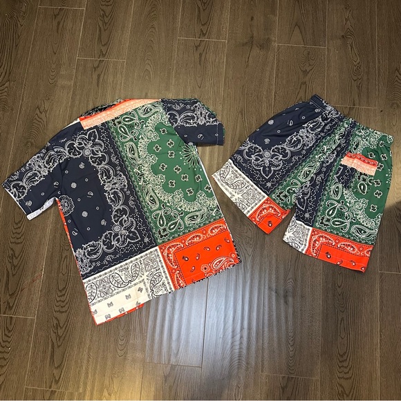 Casual Bandana Multicoloured Paisley Pattern Button Shirt Short Set Size Large - Picture 2 of 11